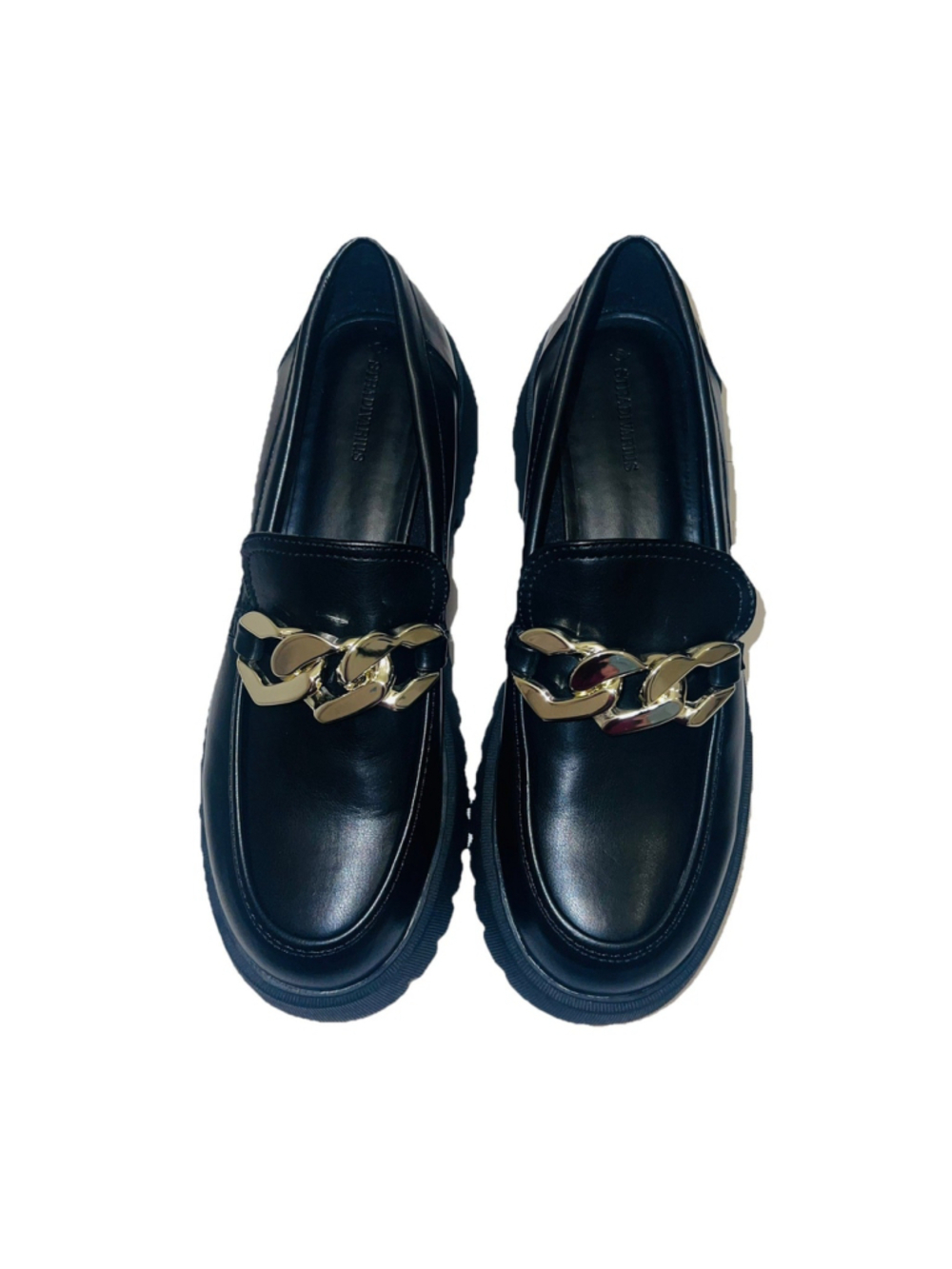 Black Chunky Lug Sole Loafers Gold Chain Platform Minimalist Chic Shoes